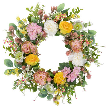 Rose and Hydrangea Floral Spring Wreath 26" Pink and Yellow