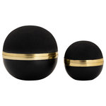 Elk Home - Clemmons Boxes Set of 2 - The Clemmons Orb Boxes, sold as a set of two, are round decorative metal storage objects. The rounded shape has a matte black painted finish, and banded around the center is a strip of brass finished metal which is inlaid into the wood. Each opens from the center to reveal a storage area within.