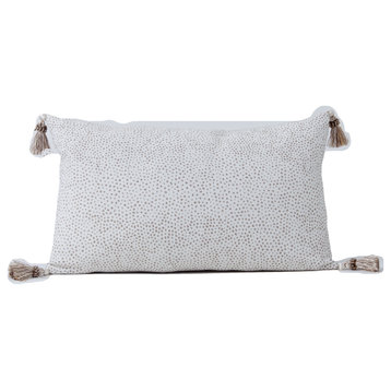 Dotted beige and white pillow cover,  lumbar pillow cover with tassels, 14x24