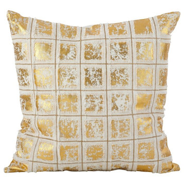 Metallic Foil Print Grid Cotton Throw Pillows, Gold, 18"x18"