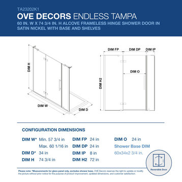 Endless TA23202K1 Tampa Alcove and Base 60" W x 74 3/4" H SN