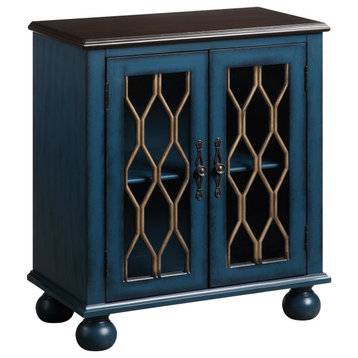 Benzara BM251333 Console Table With Trellis Pattern Door/1 Shelf, Antique Blue