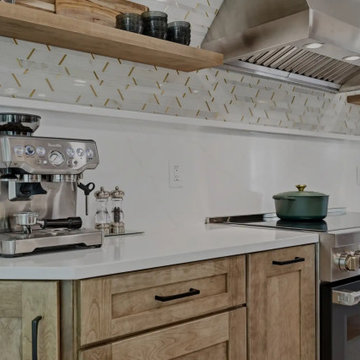Warm Cherry Kitchen and Powder Room Remodel with Waterfall Island in Herndon, VA