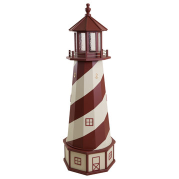 Outdoor Deluxe Wood and Poly Lumber Lighthouse Lawn Ornament, Red and Beige, 66 Inch, Solar Light