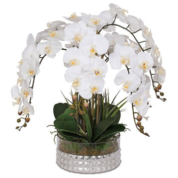 Real Touch White Orchid Flower Arrangement, Round Silver Glass Bowl