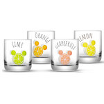 JoyJolt - Disney Mickey Mouse Citrus Short Drinking Glass 10 oz Set of 4 - Mickey Mouse is always happy and full of adventure which are the characteristics that inspired these fun and fruity glasses. Modern styling, simple yet elegant, this collection will make your favorite cocktail, homemade lemonade, or juice taste even better. This set is made with top quality crystal clear glass. The glass has a unique design that gives an edgy style to any table. The set is hand made with cutting edge materials that allow it to be transportable making it a perfect addition to your home, bar, hotel, restaurant, or office. The sets quality, design and upscale packaging makes the Mickey Mouse Citrus Collection a perfect gift idea for weddings, anniversaries, holiday parties and any other festive occasion.