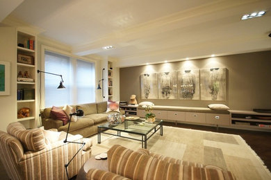 Living room - traditional formal and open concept dark wood floor living room idea with white walls, no fireplace and a wall-mounted tv