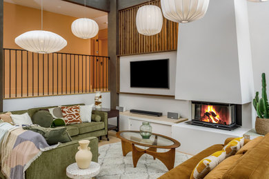 Design ideas for a large retro open plan living room in London with light hardwood flooring, a ribbon fireplace, a plastered fireplace surround, a timber clad ceiling and feature lighting.