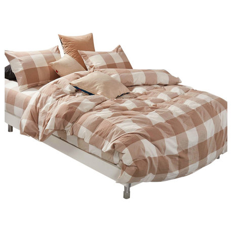 Gingham Washed Cotton 3 Piece Duvet Set, Coffee, Queen (92" X 90")