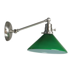 Otis Industrial Wall Lamp Direct Wire Only, Satin Nickel/Green Glass