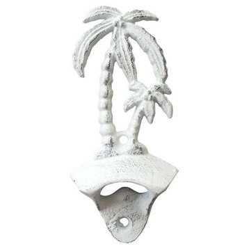 Rustic Whitewashed Cast Iron Wall Mounted Palmtree Bottle Opener 6'', Antique