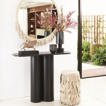 Couture Round Leather Feather Fringe Accent Table 12.5 in End Ivory Black Beige, Ivory