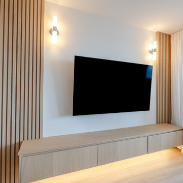 Custom Media Wall with Wood Slat Panels – Woodcroft Capilano Condo Renovation, N