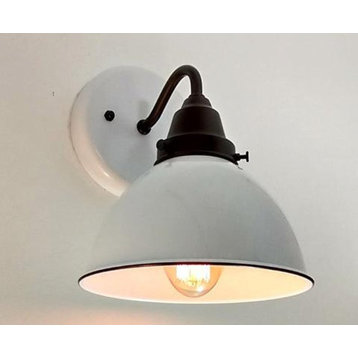 White Enamel Wall Sconce Farmhouse Lighting, Rubbed Bronze Accents