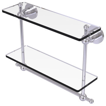 Astor Place 16" Two Tiered Glass Shelf with Towel Bar, Satin Chrome