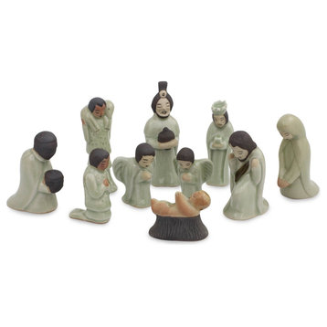 Novica Siam Holy Birth, Green Celadon Ceramic Nativity Scene, 10-Piece Set
