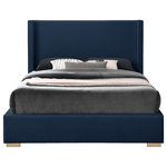 Meridian Furniture - Royce Linen Upholstered Bed, Navy, Full - Make a big impression in the bedroom with this full-size Royce linen textured bed. A wingback headboard is the star of the show here, with its extra height adding an element of drama to this exceptionally crafted bed. The headboard, sides and footboard of this Royce bed are covered in rich navy linen textured fabric for a sleek yet chic touch. The bed comes with both gold and chrome legs to suit your style preferences.