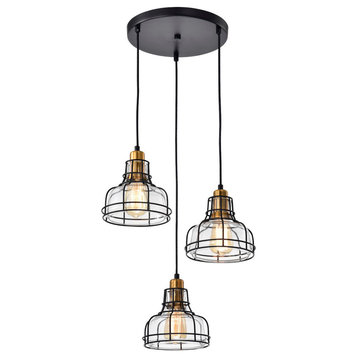 Locke 3-Light Black and Antique Gold Pendant With Clear Glass Shade