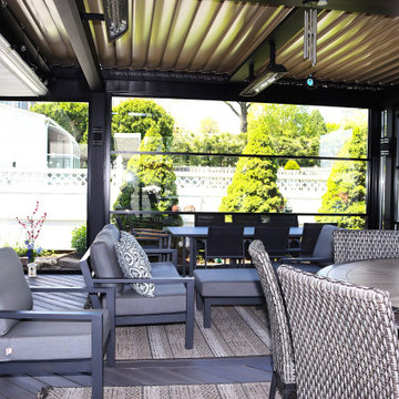 Motorized Louvered Pergola with Motorized Windows and Oversized Sliding Door