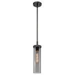 Innovations Lighting - Lincoln, 1 Light 12" Stem Pendant, Matte Black, Plated Smoke Glass - The Lincoln collection makes a statement with bold and striking details. The impressive glass cylinder shade sits atop a refined metal frame that features perfectly placed knurling details. Lincoln is a gorgeous addition to traditional or restoration decor.