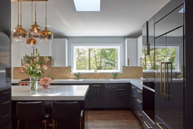 Photo of a large modern enclosed kitchen in Chicago with a single-bowl sink, grey cabinets, engineered stone countertops, metal splashback, integrated appliances, dark hardwood flooring, an island, white worktops and a vaulted ceiling.
