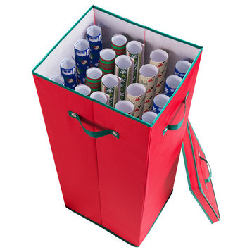 Wrapping Paper Storage Box with Lid and Carrying Handles by Elf Stor, Red