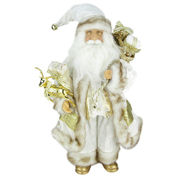 18" Standing Santa In Ivory And Gold Holding a Gift and Gift Bag