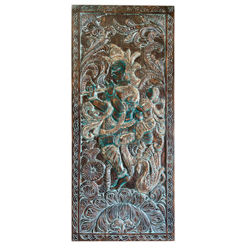 Consigned Vintage Blue Krishna Carved Barn Door, Wall Accent, Indian Art, 84