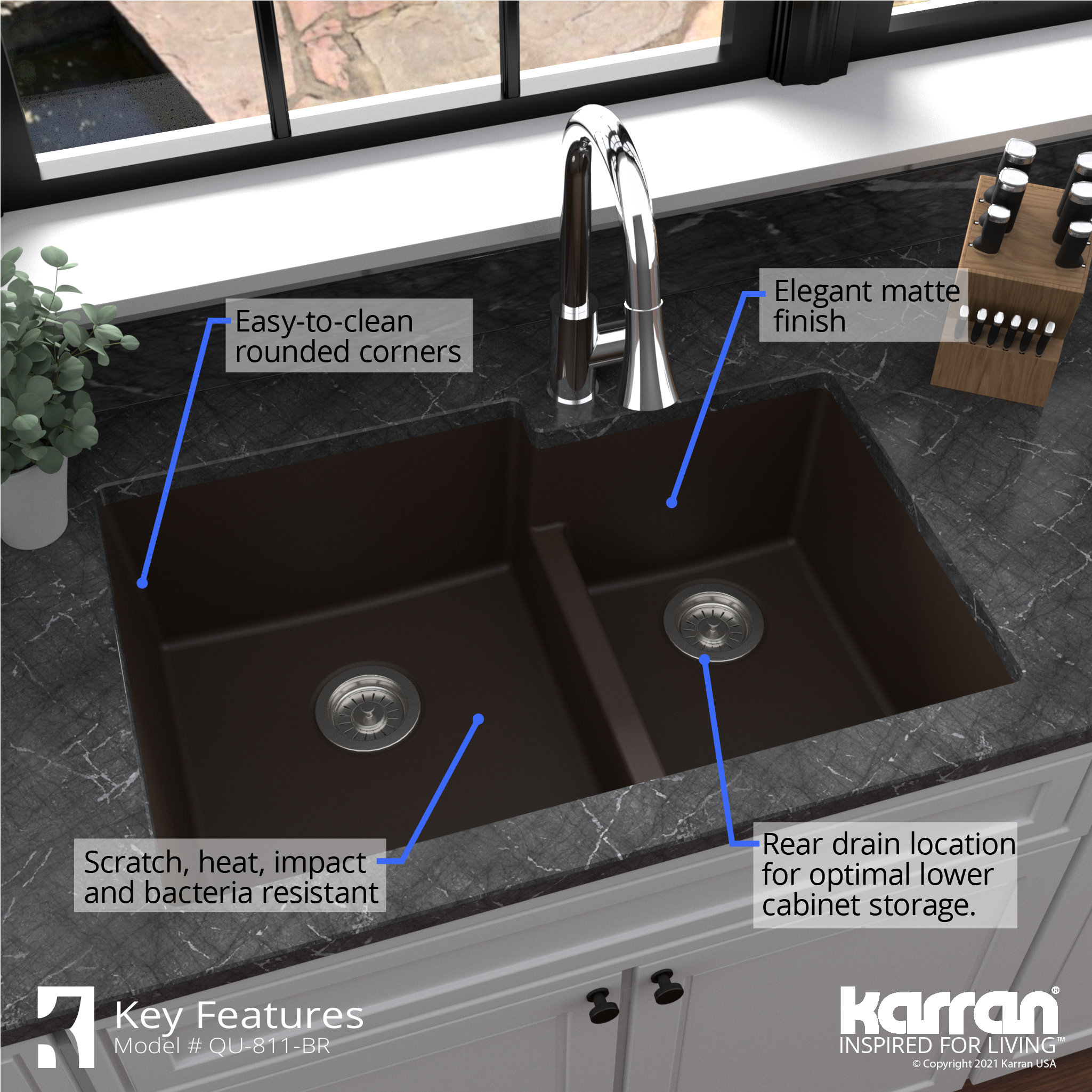 Karran 32" Undermount Large/Small Bowl Quartz Kitchen Sink, Brown