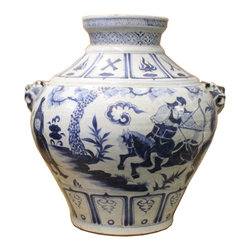 Chinese Blue White Porcelain People Scenery Fat Body Vase Jar - Decorative Jars And Urns
