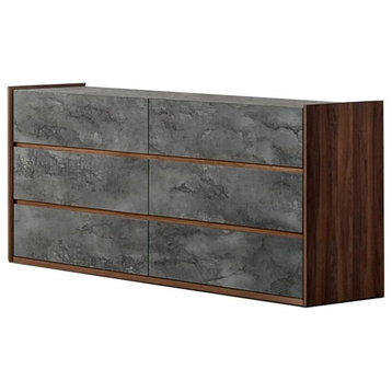 Modrest Rado 6-Drawer Modern Wood and Stucco Dresser in Gray/Walnut
