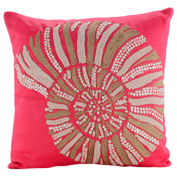 Coral Pillow Covers 20"x20" Cotton Indian Pillow Covers, Jute - Coral Sea Shells