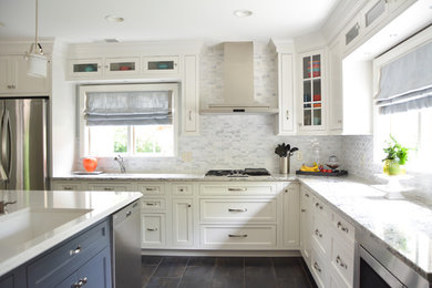 Eat-in kitchen - mid-sized transitional l-shaped dark wood floor eat-in kitchen idea in Indianapolis with a single-bowl sink, raised-panel cabinets, white cabinets, soapstone countertops, gray backsplash, matchstick tile backsplash, stainless steel appliances and no island