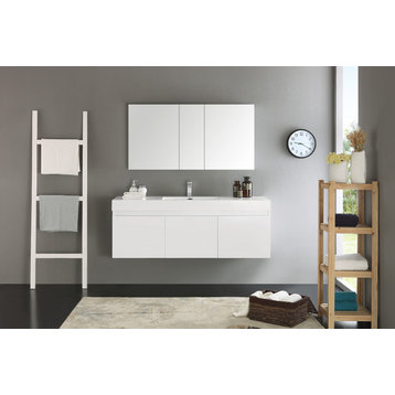 Mezzo 60" White Wall Hung Single Sink Modern Bathroom Vanity, FFT3111BN
