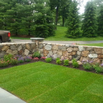 Freestanding stone wall, landscaping, Patio, Grill