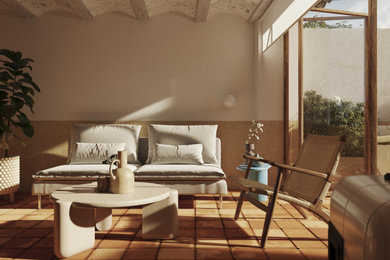 Foto de salón abierto y beige y blanco de estilo de casa de campo pequeño con suelo de baldosas de terracota, estufa de leña, marco de chimenea de baldosas y/o azulejos, suelo naranja y arcos