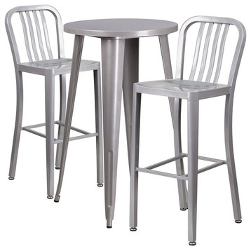3 Piece Patio Bistro Set, Round Table & Bar Stools With Slatted Backrest, Silver