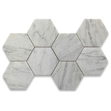 5" Hexagon Carrara Marble Honed Venato Carrera White Wall Floor Tile, 1 sheet