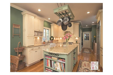 Eat-in kitchen - mid-sized farmhouse galley medium tone wood floor eat-in kitchen idea in Atlanta with a farmhouse sink, raised-panel cabinets, white cabinets, granite countertops, stainless steel appliances and an island