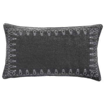 Stella Faux Silk Velvet Embroidered Lumbar Pillow, 14"x24", Slate