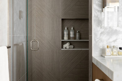 Inspiration for a contemporary bathroom remodel in Boston with a hinged shower door