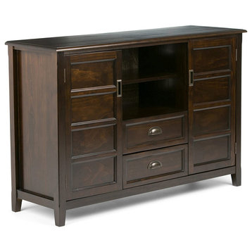 Traditional Media TV Stand, Panel Framed Doors and Drawers, Mahogany Brown
