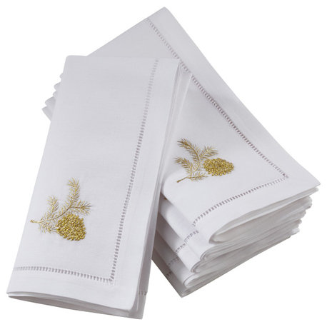 Hemstitch Table Napkins With Embroidered Pine Cone Design, Set of 6, 20" x 20"