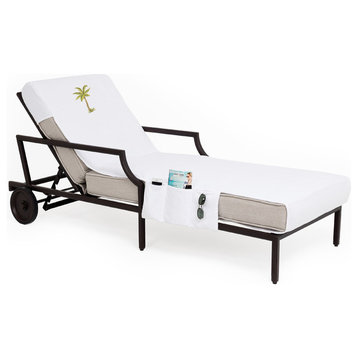 Palm Tree Embroidered Standard Size Chaise Lounge Cover With Side Pockets, White