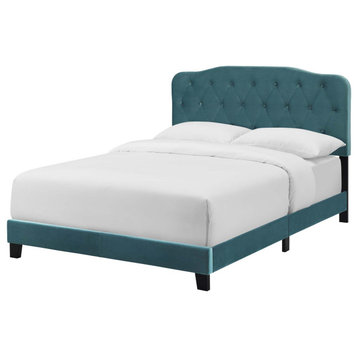 Contemporary Modern Bedroom Twin Size Platform Bed Frame, Velvet Fabric, Blue