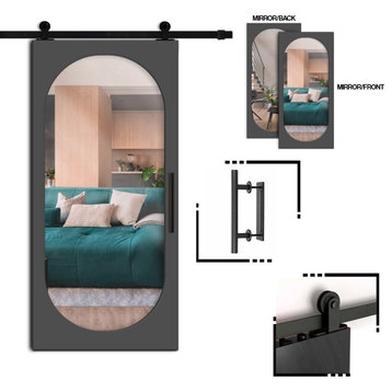 Mirrored Sliding Barn Door with Oval Shape Mirror Panel, Black, 26"x84", 1 Back Site Plain, 2x Mirror Front & Back Side