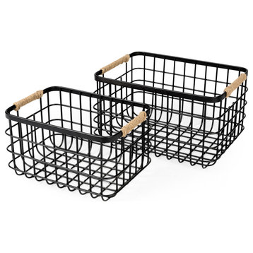 Marius Matte Black Metal w/ Rope Trim Rectangular Baskets (Set of Two)
