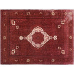 Bareens Designer Rugs - Antique Vintage Distressed Jim Red/Brown Wool Rug  - 8'3" x 11'7" - A mesmerizing addition to any decor, this brand-new hand knotted vintage wool rug featuring vibrant colors and a traditional design is made by skilled artisans capable of creating the most exceptional Persian knotted rugs. Harnessing the natural energy of the sun, each rug is organically neutralized from its original color, distressed and then saturated in an infusion of a bold vibrant color pallet to give it a fresh perspective and modern appeal. This masterpiece draws its inspiration from traditional and timeless rug designs, which provides both harmony and contrast bringing a phenomenal twist in any decor. An intricate design and exquisite coloration make this wool rug a standout piece for any room.