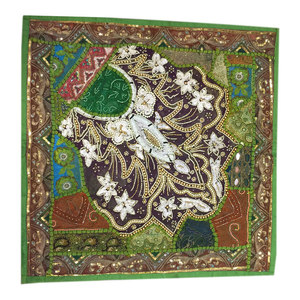 Mogul Interior - Indian Floor Cushion Covers Bohemian Decor Embroidered Sequin Green Pillow Cases - Decorative Pillows