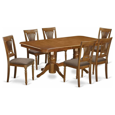 East West Furniture Napoleon 7-piece Dining Set with Linen Seat in Saddle Brown